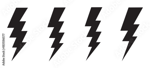 Set of four black lightning bolt symbols with a sharp zigzag shape, illustrating concepts of thunder, voltage, and speed in a minimalist, flat design illustration