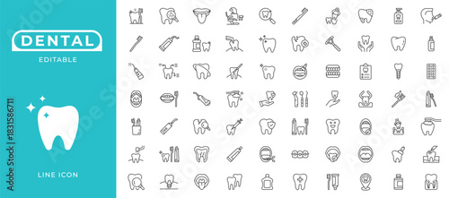 Dental and Oral Care Icon Set. Featuring Tooth, Dentist, Implant, Braces, Veneers, Aligners, Hygiene Tools and Stomatology Elements Line Vector Icon