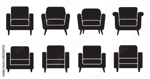 Collection of black armchair silhouette icons in various modern and classic styles, presented as a minimalist graphic furniture set from a front view