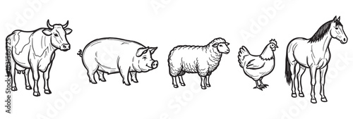 Set of five farm animal illustrations featuring a cow, pig, sheep, chicken, and horse, rendered in a simple black ink line art style with a charming, hand-drawn aesthetic
