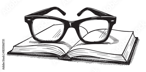 Pair of black horn-rimmed eyeglasses placed on an open book, depicted in a classic monochrome sketch illustration with a retro, intellectual, and studious aesthetic