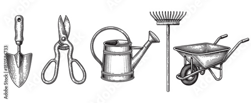 Set of vintage gardening tools including a trowel, shears, watering can, rake, and wheelbarrow in a detailed black and white engraving style illustration