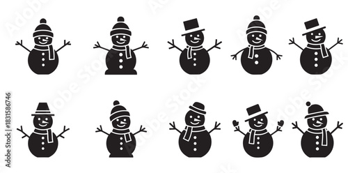 Collection of black snowman icons with different hats and scarves, presented in a simple, flat graphic style for winter holiday and Christmas design elements