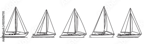 Five different sailboat yacht line art illustrations in a row, a minimalist collection of various vessel designs presented in a simple black and white vector graphic style