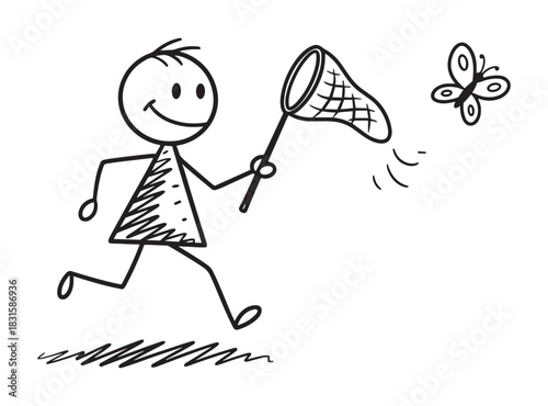 Simple stick figure drawing of a cheerful kid chasing a butterfly with a net, a minimalist black and white sketch illustrating an innocent and joyful outdoor activity