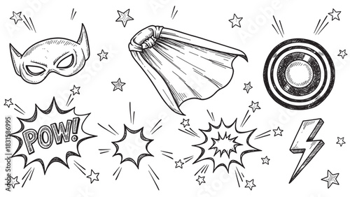 Set of black and white superhero comic book doodles featuring a mask, cape, shield, lightning bolt, and action bubbles with retro hand-drawn hatching details