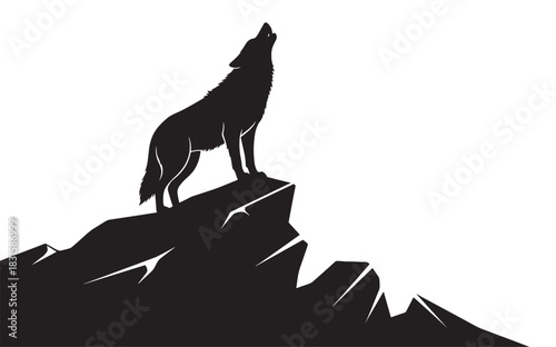 Black silhouette of a howling wolf standing on a jagged mountain peak, a powerful and wild animal symbol in a clean, minimalist graphic vector illustration style