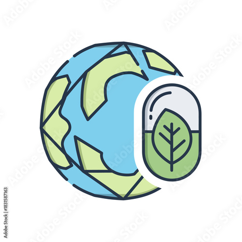 Earth Globe with Leaf Capsule - Eco-Friendly Medicine Concept.