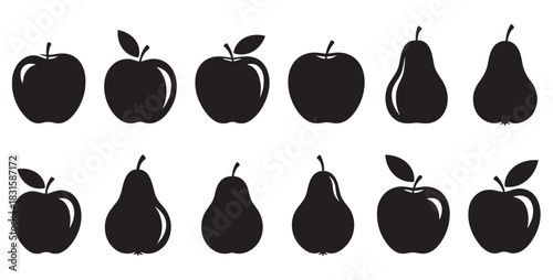 Black apple and pear fruit silhouettes in a minimalist graphic icon set showing various shapes with leaves and stems, a simple flat vector illustration for healthy food concepts