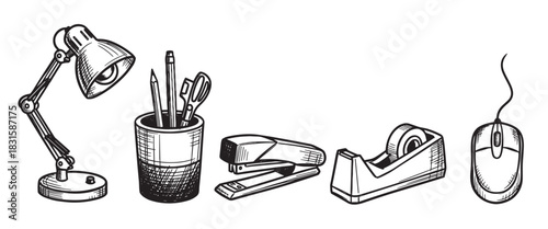 Hand-drawn set of office supplies including a desk lamp, pen holder, stapler, tape dispenser, and computer mouse in a black and white vintage sketch illustration style