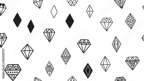 Hand drawn black and white diamonds and rhombus shapes in a seamless Scandinavian style pattern with various tribal and geometric ornaments like dots, lines, and triangles