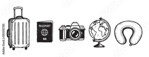 Hand-drawn travel icon set with a suitcase, passport, camera, globe, and neck pillow in a black and white sketch style for tourism and vacation concepts
