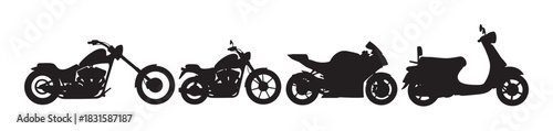 Four black motorcycle and scooter silhouettes in a row showing different types of two-wheeled vehicles, including a chopper, sportbike, and classic moped in a graphic illustration style