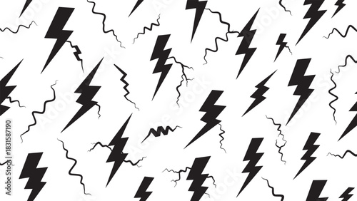 Black hand-drawn lightning bolts and electric crack shapes create a chaotic seamless pattern, a powerful and energetic monochrome graphic illustration