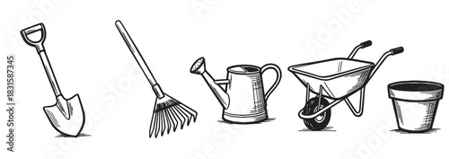 Hand-drawn gardening tools set with a shovel, rake, watering can, wheelbarrow, and pot, presented in a simple black and white line art sketch style for horticultural concepts