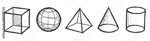 Set of five hand-drawn geometric shapes including a cube, sphere, pyramid, cone, and cylinder in a rough sketch style with black ink lines and hatching for shading