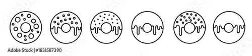 Set of six black line art donut icons with various toppings like dripping glaze and sprinkles, a minimalist graphic collection for food and bakery concepts