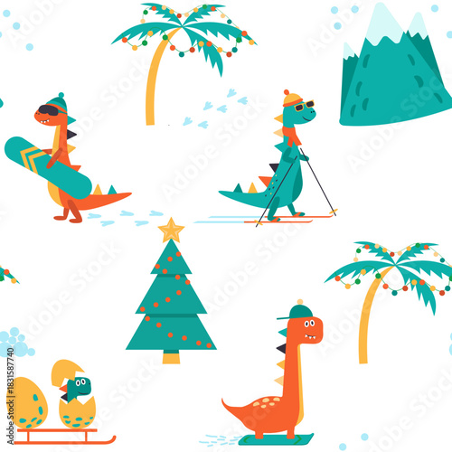 Dino winter seamless pattern. Dinosaur skiing, Dinosaur snowboarding, dinosaur sledding. Dinosaur christmas happy new year doodle seamless vector pattern.