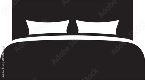 Simple black and white icon of a made bed with two pillows