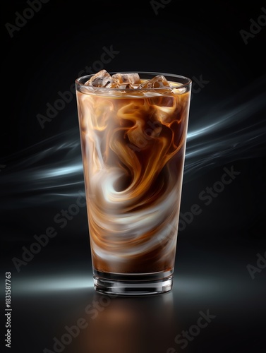 Swirling Delight: Iced coffee with a smooth blend of cream and coffee swirling together in a glass, creating a visually appealing and refreshing drink.