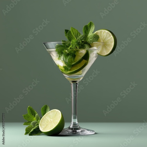 Mojito Refreshment: A refreshing mojito, served in a classic martini glass, garnished with fresh mint and lime slices, embodying the essence of relaxation and tropical vibes.