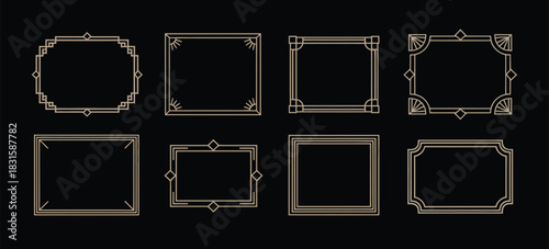 Art deco frames in gold, line art ornamental borders, vintage wedding and celebration frames, antique design elements, decorative dividers, isolated vector illustration set.