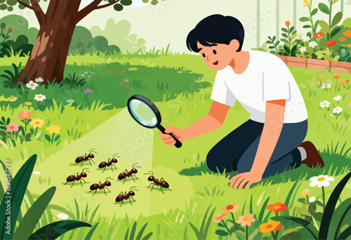 A person uses a magnifying glass to observe ants on grass in a colorful, illustrated garden setting
