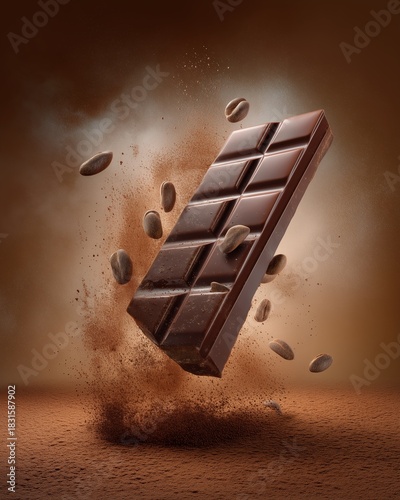 Chocolate Delight: A meticulously crafted bar of rich, dark chocolate levitates mid-air alongside scattered coffee beans and a swirl of cocoa powder, revealing the essence of pure indulgence.