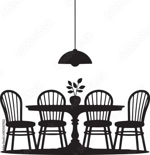 Silhouette of a dining table and chairs with a hanging lamp