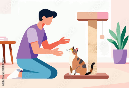 A person kneels, interacting with a cat near a scratching post, houseplant in the background, a pet-friendly scene