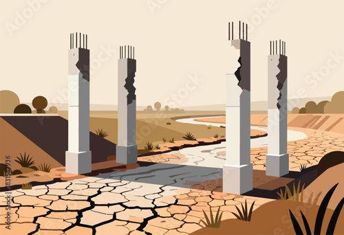 Illustration of a derelict building under construction with exposed rebar in a dry, cracked landscape