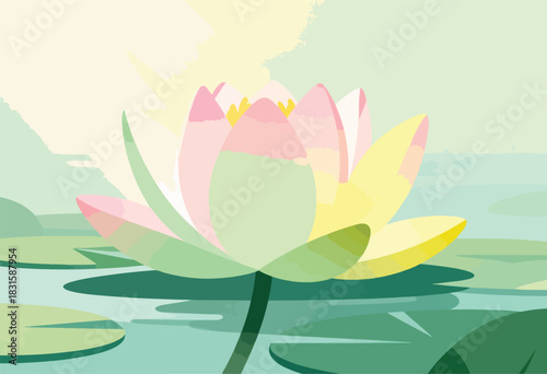 A stylized illustration presents a vibrant pink, yellow, and green lotus flower. Lily pads float below it
