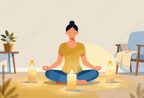 A meditating figure sits in lotus position, surrounded by lit candles, potted plant, and a chair