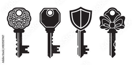 Four black key silhouettes with different decorative heads, including an ornate filigree design, a simple shape, a security shield, and a cute bow, presented as a collection