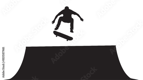 Black silhouette of a skateboarder jumping high in the air, performing an extreme trick over a skate ramp in a minimalist and graphic vector style illustration