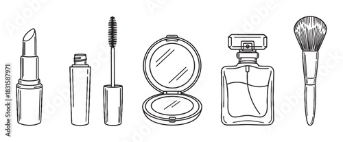 Set of black and white line art cosmetic products including lipstick, mascara, powder, perfume, and a brush in a simple hand-drawn doodle style illustration for beauty concepts