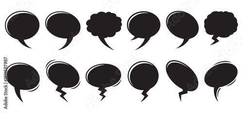 Collection of black comic speech bubbles and thought balloons in various hand-drawn styles, including cloud shapes for thinking and jagged lightning bolt tails for shouting