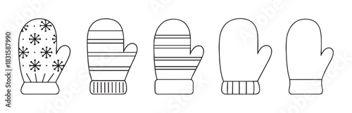 Five black and white winter mittens set with various patterns like snowflakes and stripes, presented as a simple line art illustration for coloring or design projects