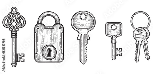 Set of hand-drawn keys and a padlock in a vintage engraving style, featuring an ornate antique skeleton key, modern house keys, and a secure lock in a black and white sketch