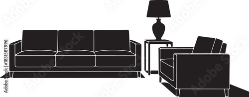 Modern living room furniture silhouette with sofa armchair and lamp