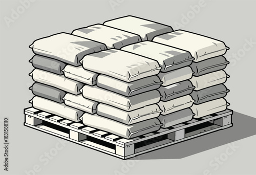 Illustration depicts a square pallet stacked high with bags, in a comic book or graphic novel style