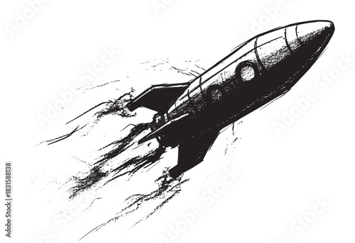 Black and white retro rocket ship illustration launching at high speed with a powerful exhaust trail in a dynamic, sketchy, and grunge artistic style