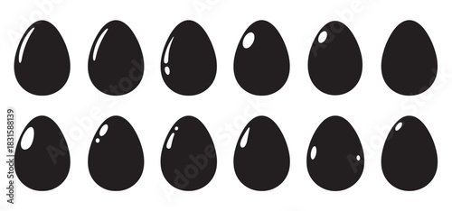 Twelve black egg silhouettes with glossy highlights are arranged in a neat grid, showcasing a simple and clean graphic design for Easter or food concepts