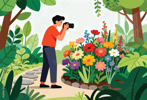 A person photographs a vibrant flower garden on a stone path, surrounded by trees and lush green foliage