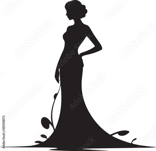 Elegant silhouette of a woman in a flowing gown with floral accents