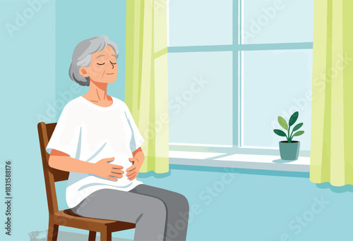 An elderly person sits in a room with eyes closed, hands on abdomen, near a window, with a plant