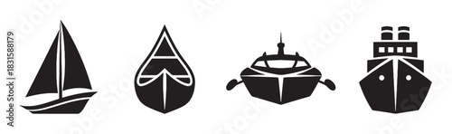 Four black boat and ship icons including a sailboat, canoe, yacht, and cargo ship are presented in a simple, minimalist, and graphic silhouette style for various design uses