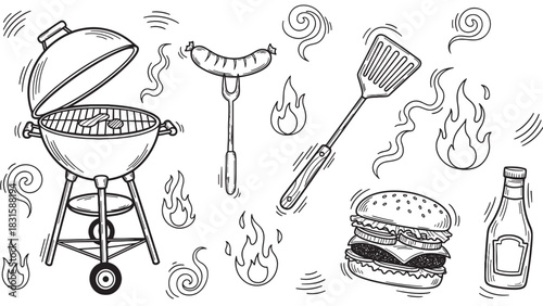 Hand drawn barbecue grill and food illustrations set with a hamburger, sausage, spatula, and sauce bottle in a black and white doodle sketch style for a summer picnic theme