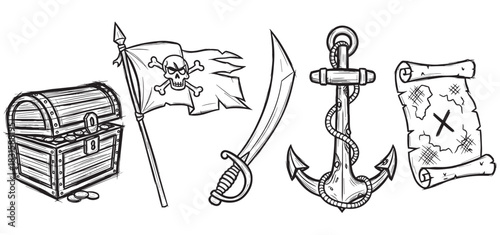 Set of hand-drawn pirate icons featuring a treasure chest, Jolly Roger flag, cutlass sword, anchor, and map in a black and white sketchy, illustrative line art style