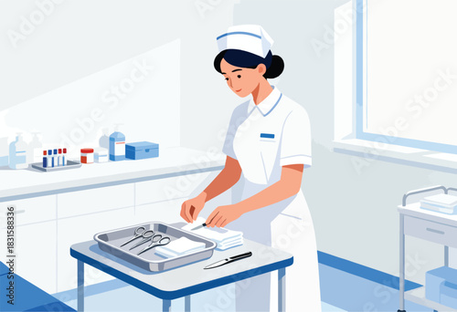 Illustration depicts a nurse in a medical setting, preparing tools and instruments with clinical precision